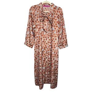 BURU Orange and Beige Long Sleeve Midi Dress with Neck Tie - Size M